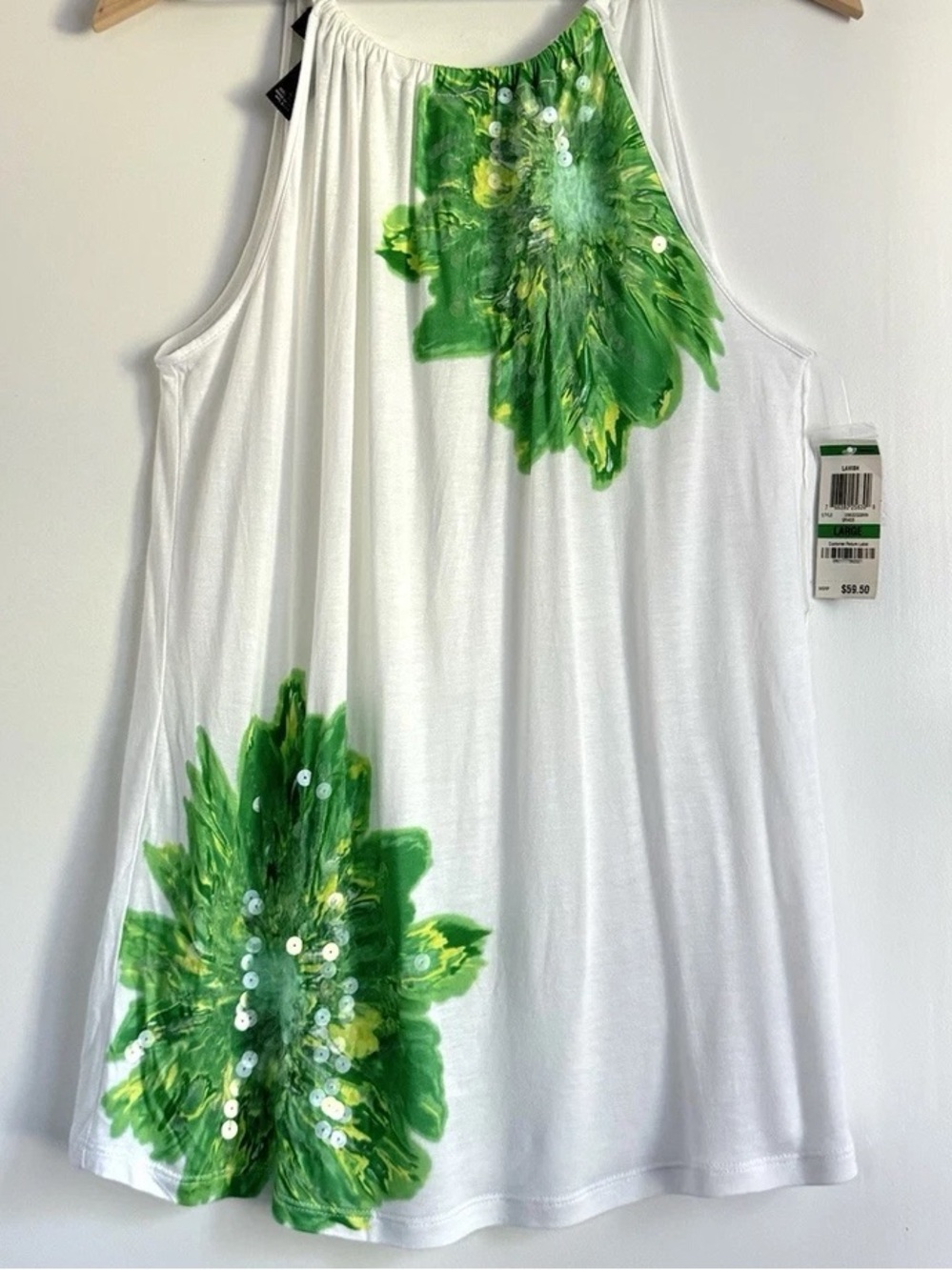 INC International Concepts White Tank Top with Green Floral Sequin Accents